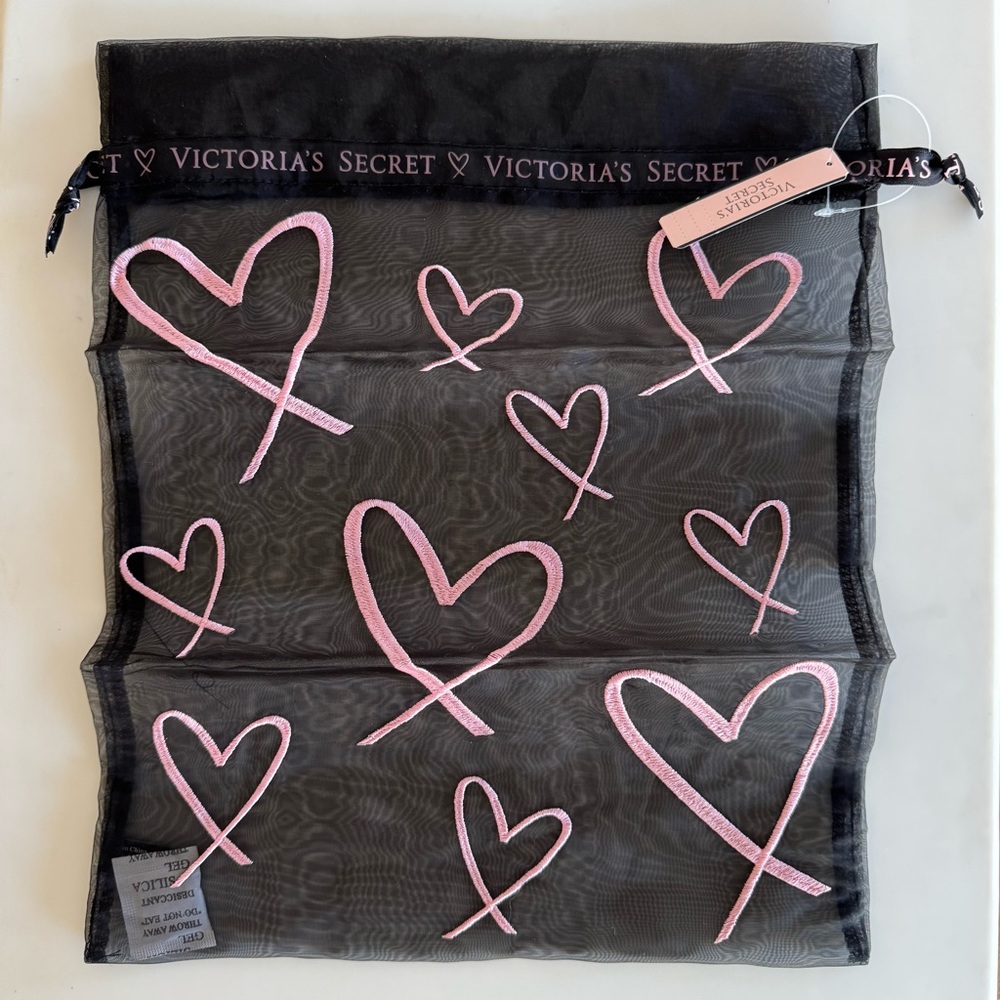 🆕 1 Retired Victoria's Secret Sheer Black/Pink Hearts Lingerie Travel/Wash Bag